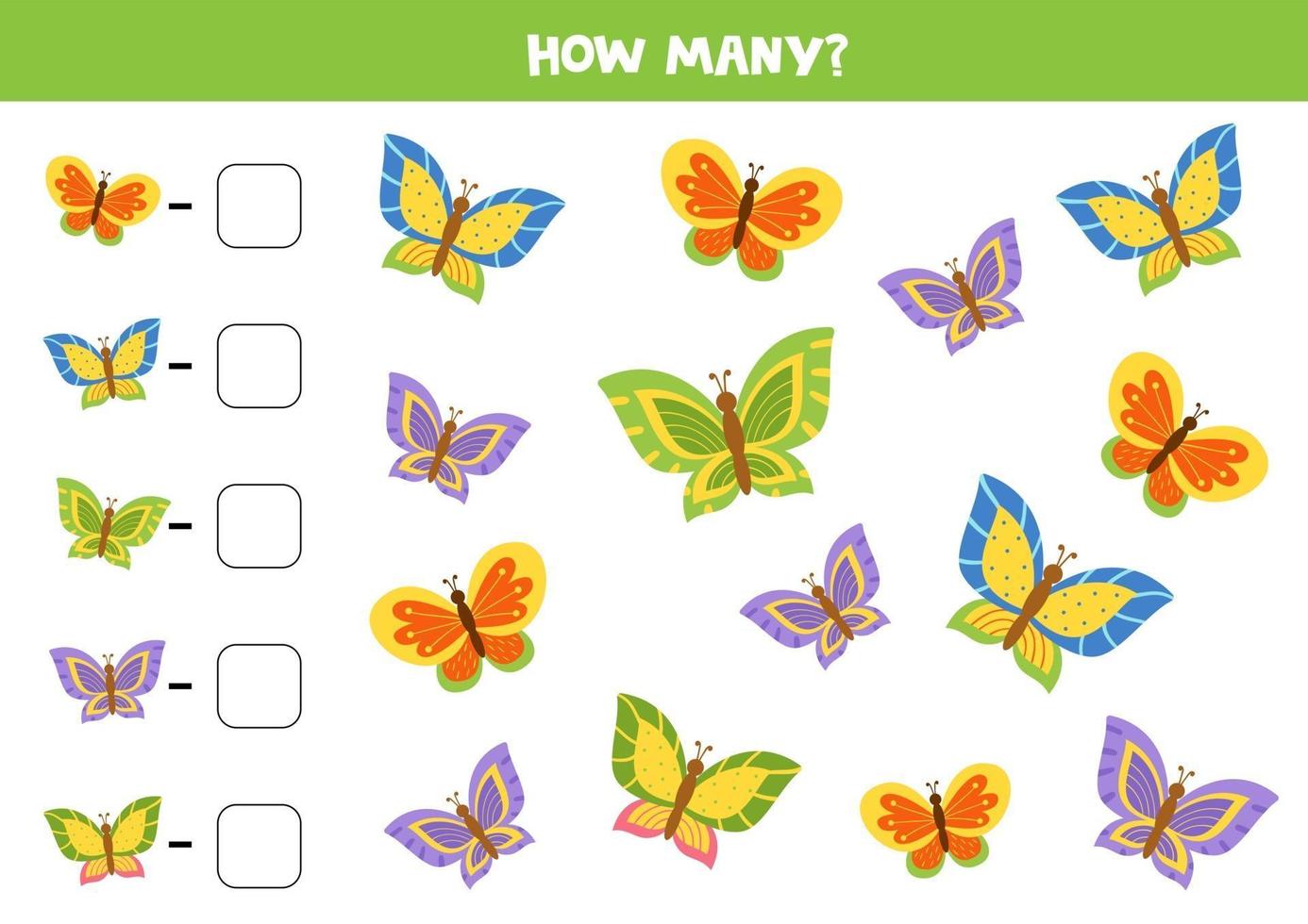 utskrivbart spel för barn. räkna mängden färgglada fjärilar. vektor
