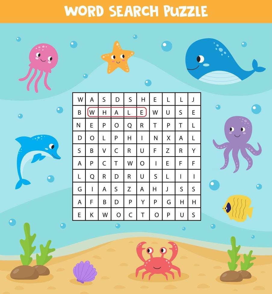 Wörtersuchrätsel für Kinder. Reihe von Meerestieren. vektor