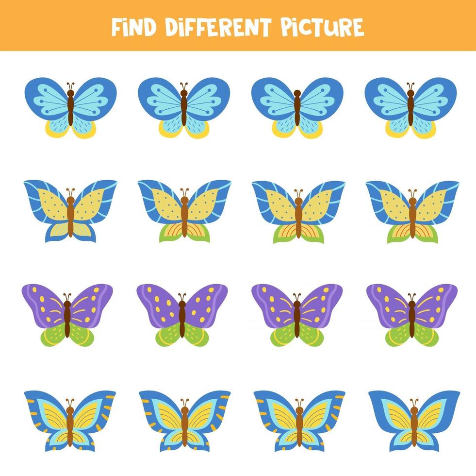 hitta fjäril som skiljer sig från andra. logiskt spel för barn. vektor