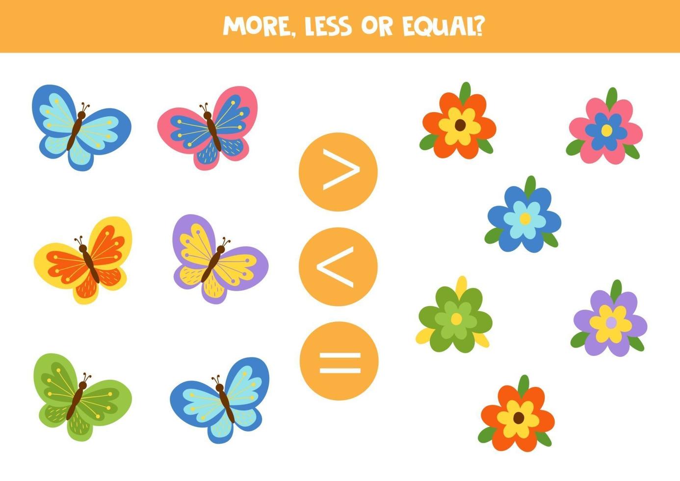 mehr, weniger oder gleich. Vergleich von Schmetterlingen und Blumen. vektor