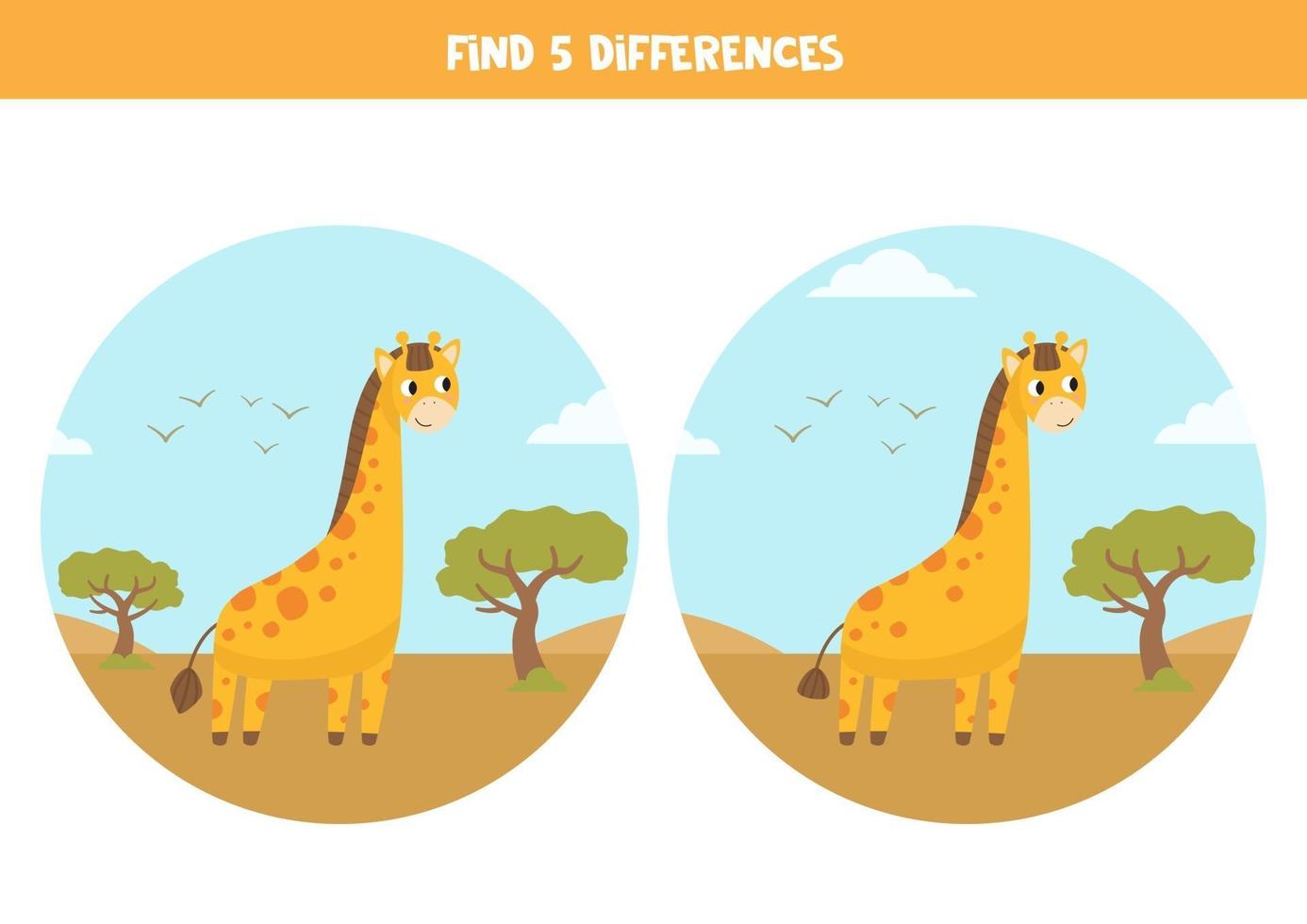 hitta 5 skillnader. pedagogiskt spel med tecknade giraffer. vektor
