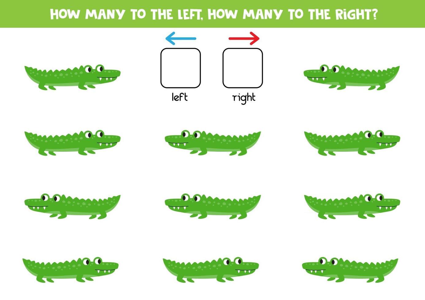 Raumorientierungsspiel mit Cartoon-Krokodilen. logisches Spiel für Kinder. vektor