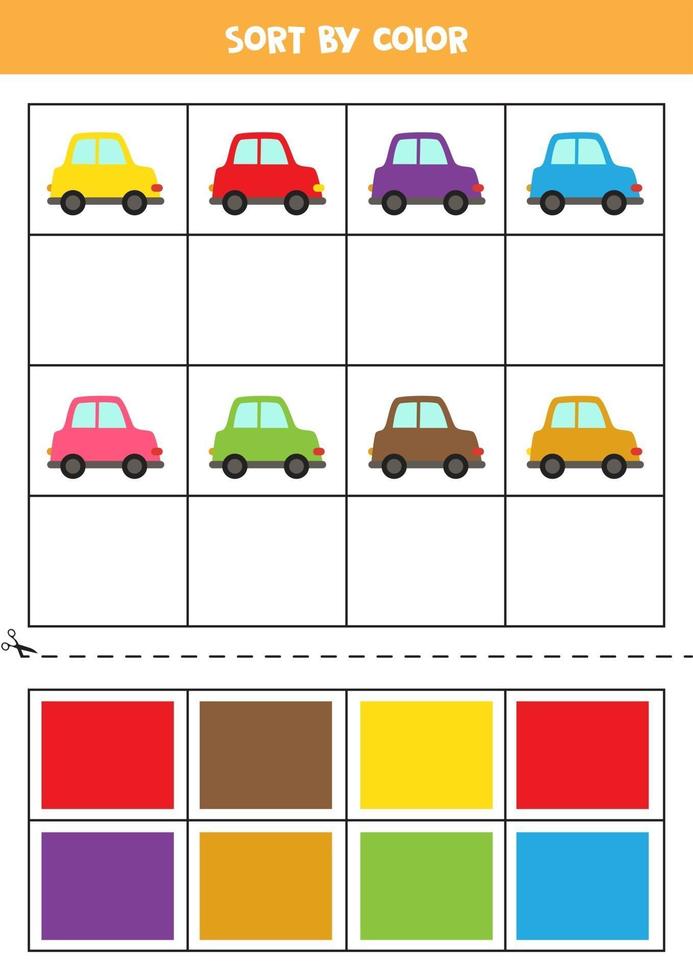 Bilder nach Farbe sortieren. süße Autos. Spiel für Kinder. schneiden und Kleben. vektor