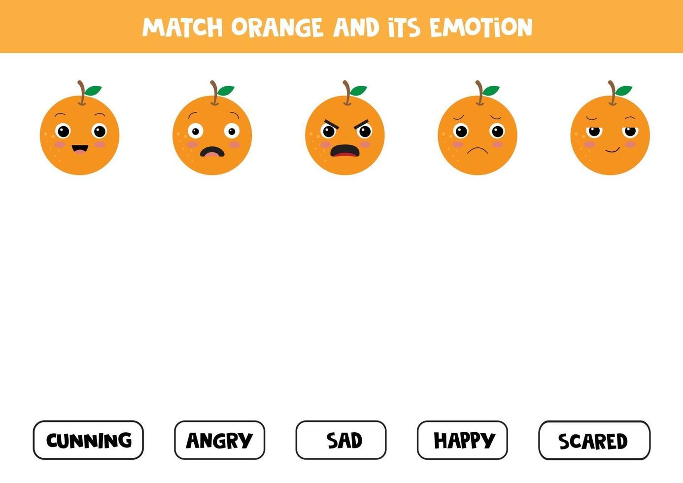 Finden Sie die richtigen Emotionen von Cartoon Orange. Spiel für Kinder. vektor