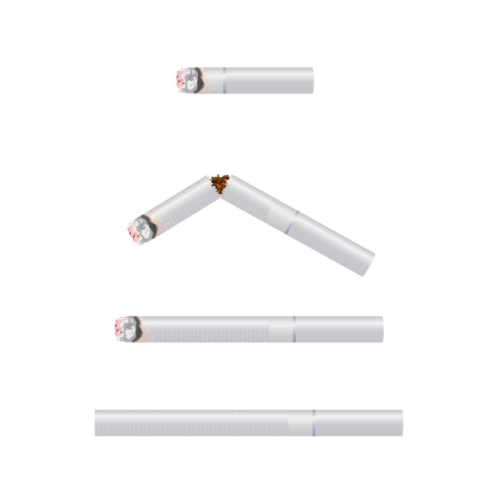 realistisk design av 4 olika storlekar av vit cigarett. brinnande, ingen brinnande och trasig 3d design stil vektorillustration isolerad på vit bakgrund. vektor