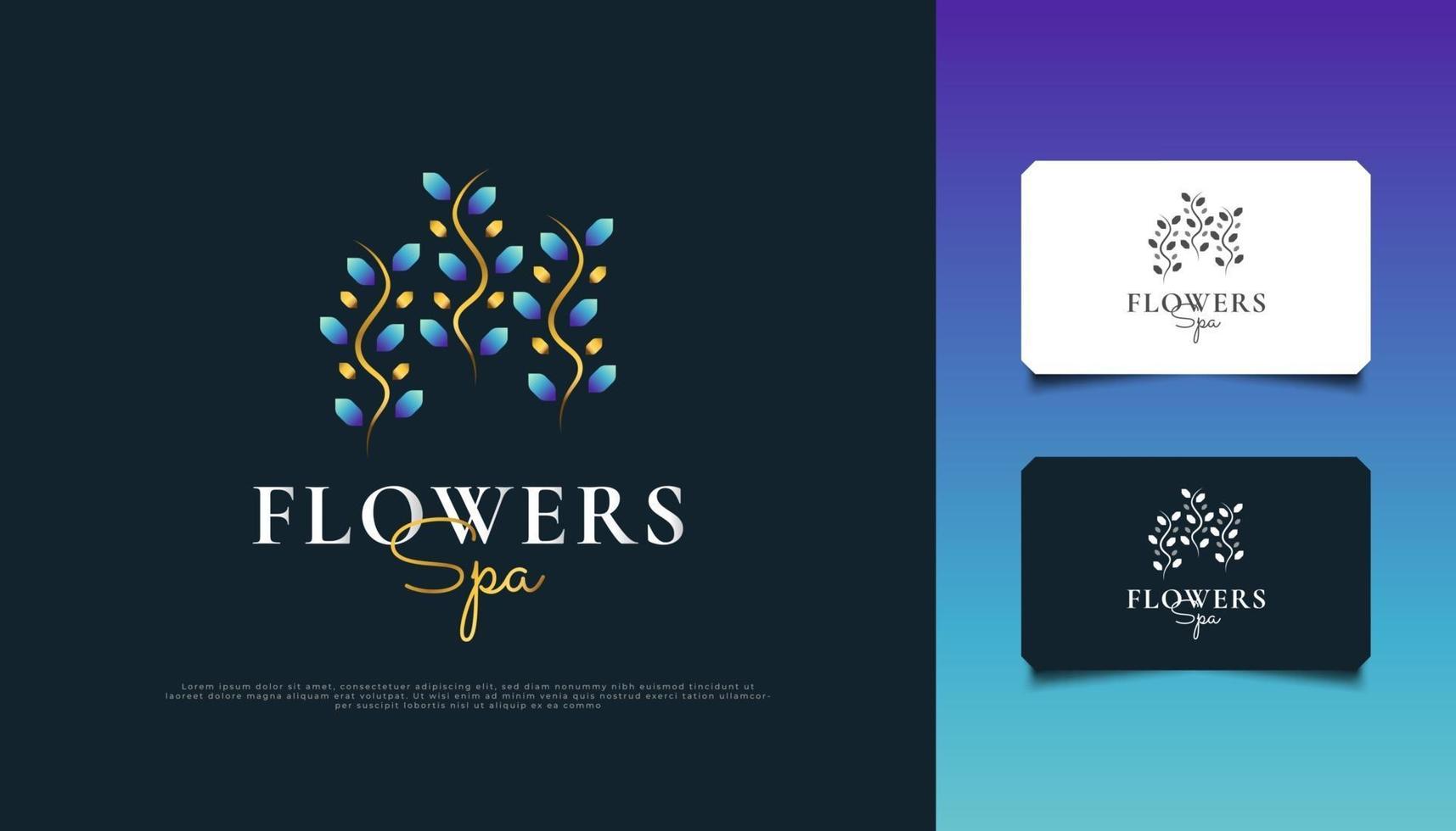 elegantes blaues und goldenes Blumenlogo. Luxus-Blumenblatt-Ornament-Logo, geeignet für Spa-, Beauty-, Resort- oder Kosmetikproduktmarkenidentität vektor