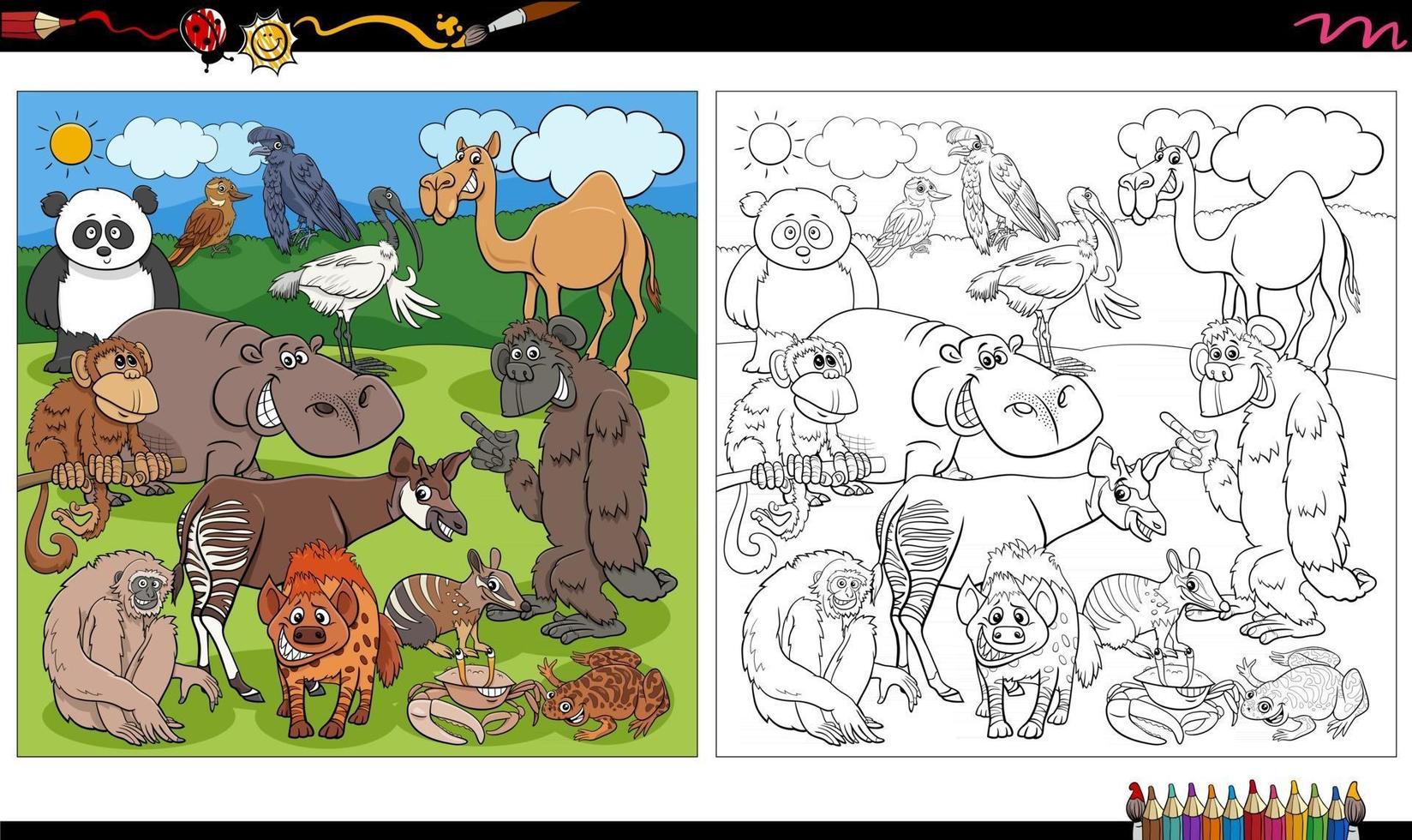 tecknade vilda djur karaktärer grupp målarbok sida vektor