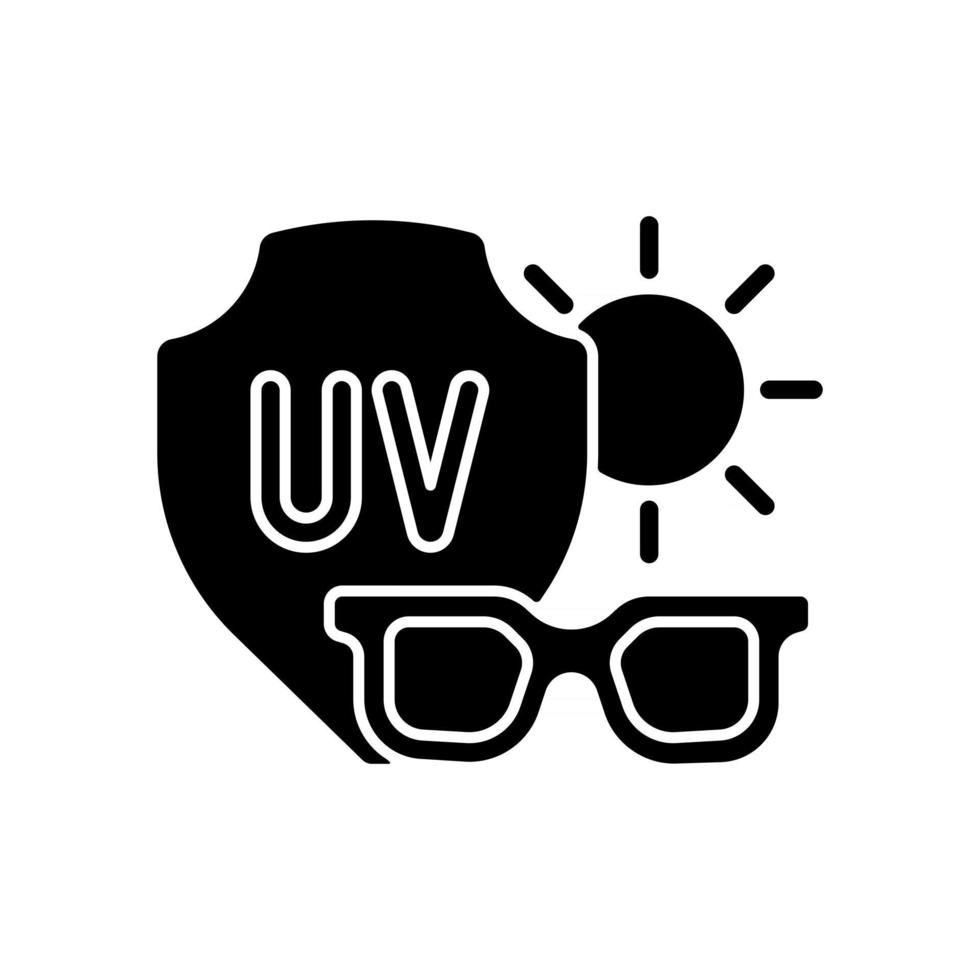 Sonnenbrille schwarzes Glyphensymbol. Brillen zum Schutz der Augen vor UV-Strahlen. Vermeidung von Sonneneinstrahlung und UV-Schäden während der Hitze. Silhouette-Symbol auf Leerzeichen. isolierte Vektorgrafik vektor