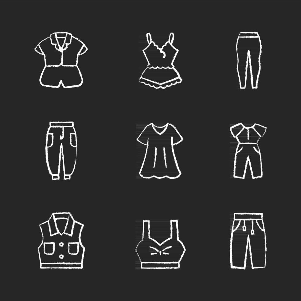 bekväma homewear krita vita ikoner på mörk bakgrund. silke nattkläder. leggings och joggers. jeansjacka. överdimensionerad klänning. sömnkläder. isolerade vektor tavlan illustrationer på svart