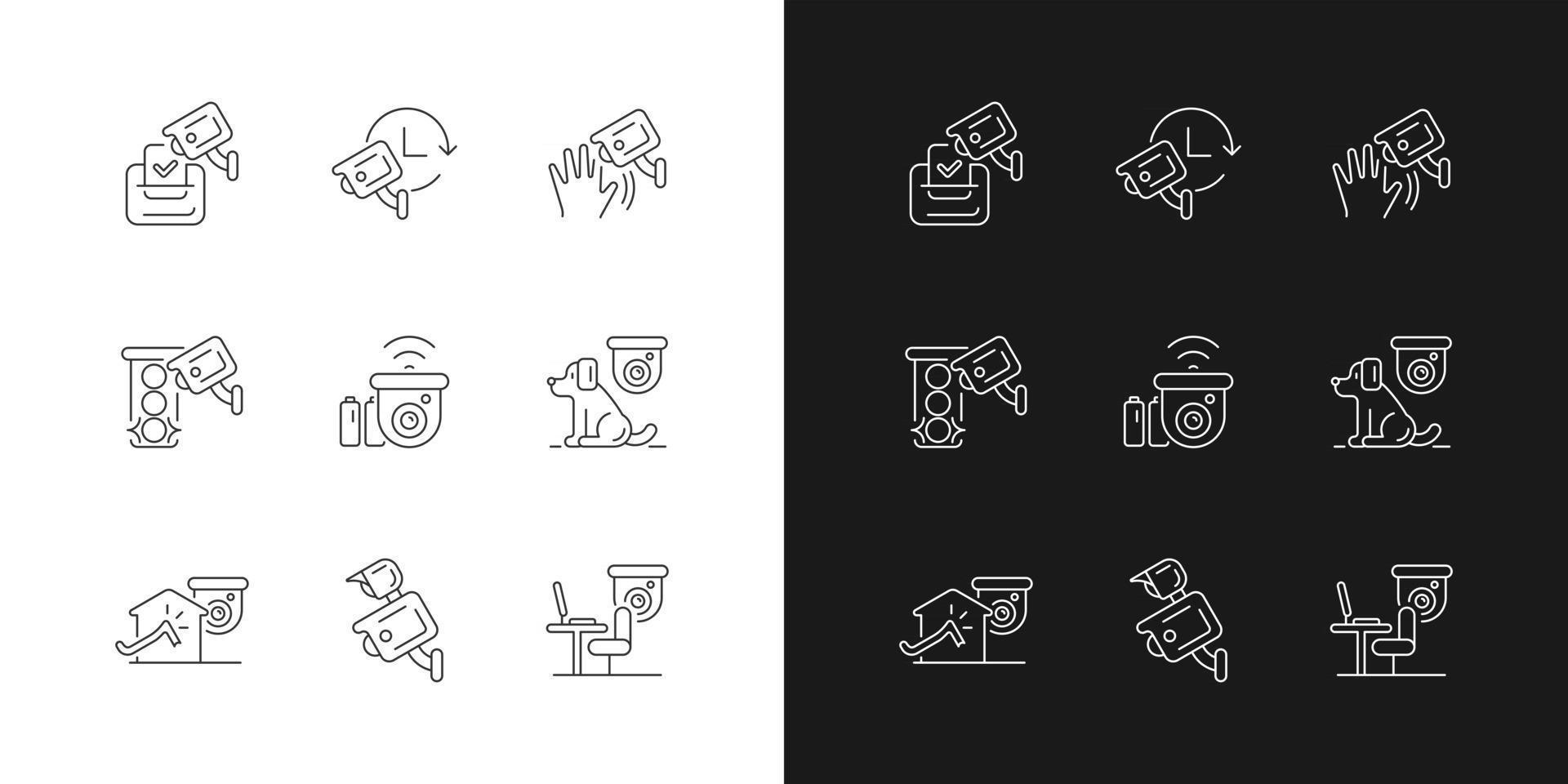 Lineare Symbole für die Verwendung von Überwachungskameras für den dunklen und hellen Modus. Wahlbeobachtung. Bewegungserkennung. anpassbare dünne Liniensymbole. isolierte Vektorgrafiken. bearbeitbarer Strich vektor