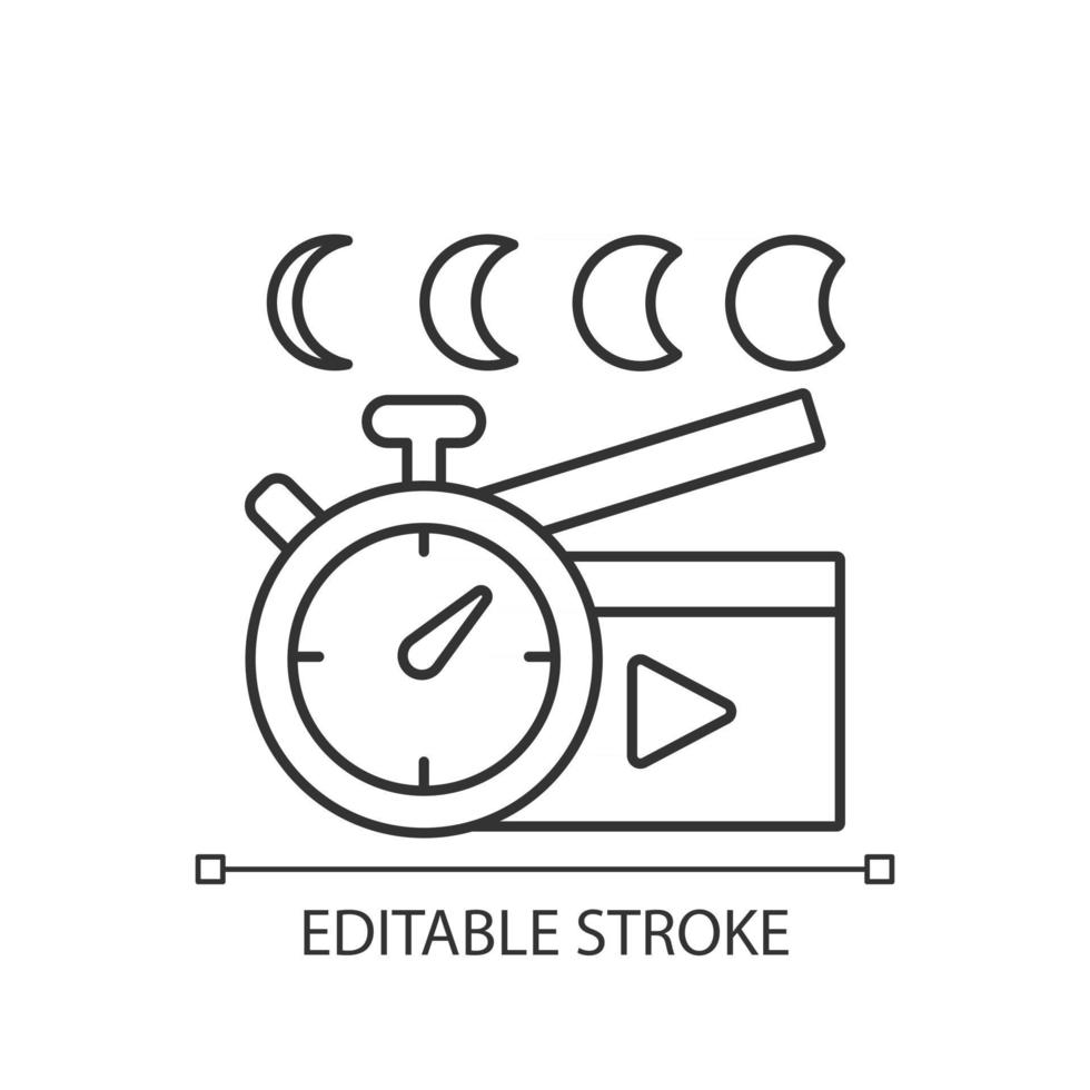 tidsinställd video linjär ikon. skytte bilder över natten. klocka för filmskapande. tunn linje anpassningsbar illustration. kontursymbol. vektor isolerade konturteckning. redigerbar stroke