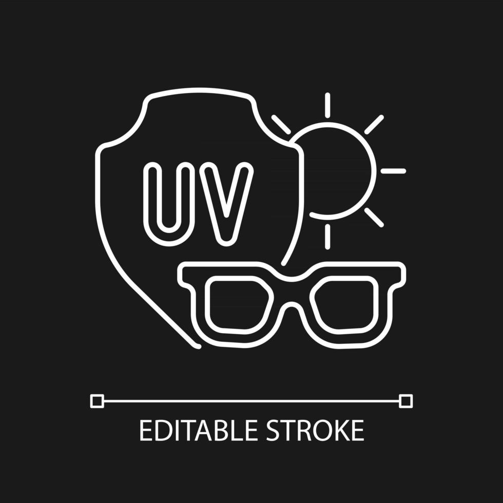 Sonnenbrille weißes lineares Symbol für dunkles Thema. Brillen zum Schutz der Augen vor UV-Strahlen. dünne Linie anpassbare Illustration. isoliertes Vektorkontursymbol für den Nachtmodus. bearbeitbarer Strich vektor