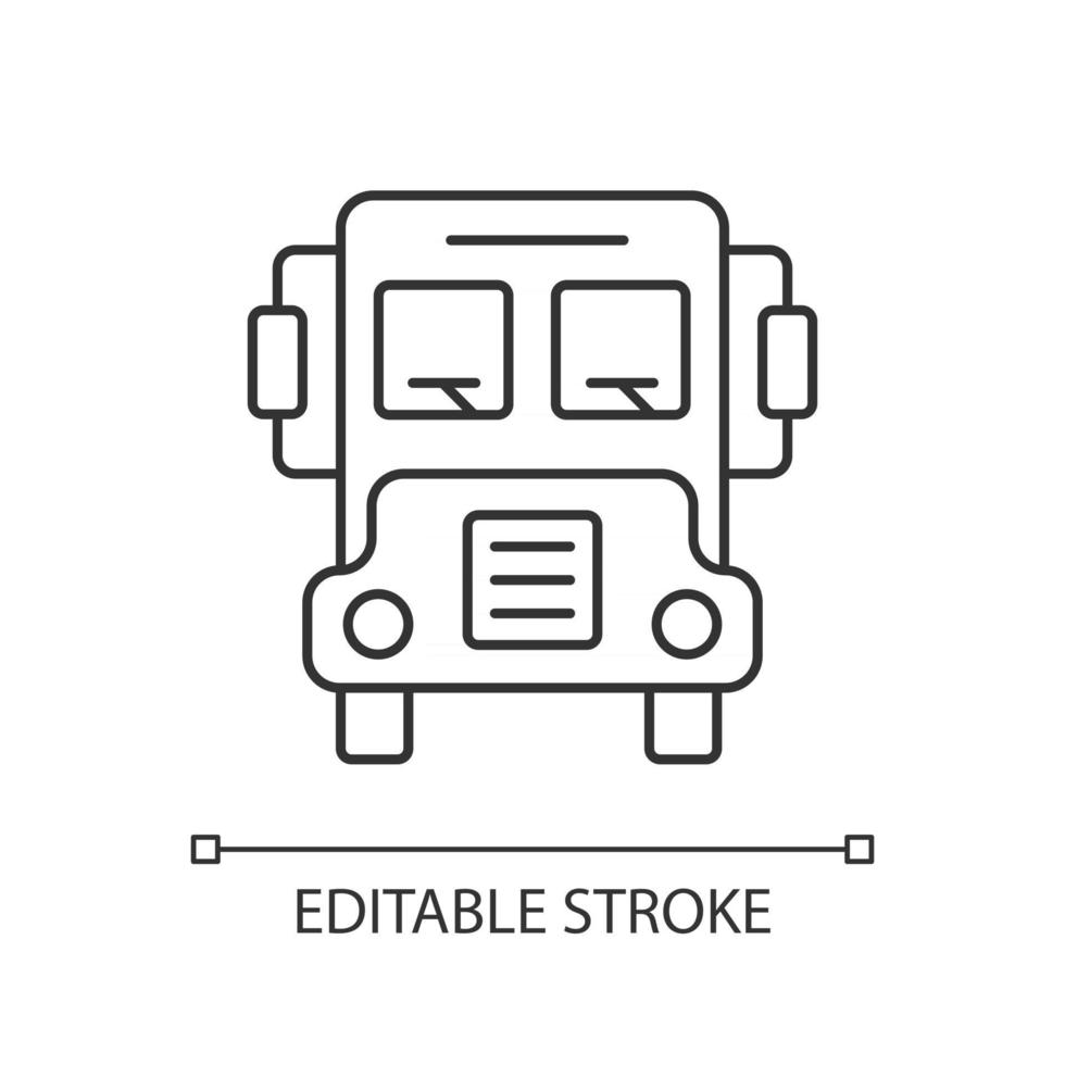 Schulbus lineares Symbol. Transport für Studenten. Auto, um Schüler zu fahren. Transit für Kinder. dünne Linie anpassbare Illustration. Kontursymbol. Vektor isolierte Umrisszeichnung. bearbeitbarer Strich