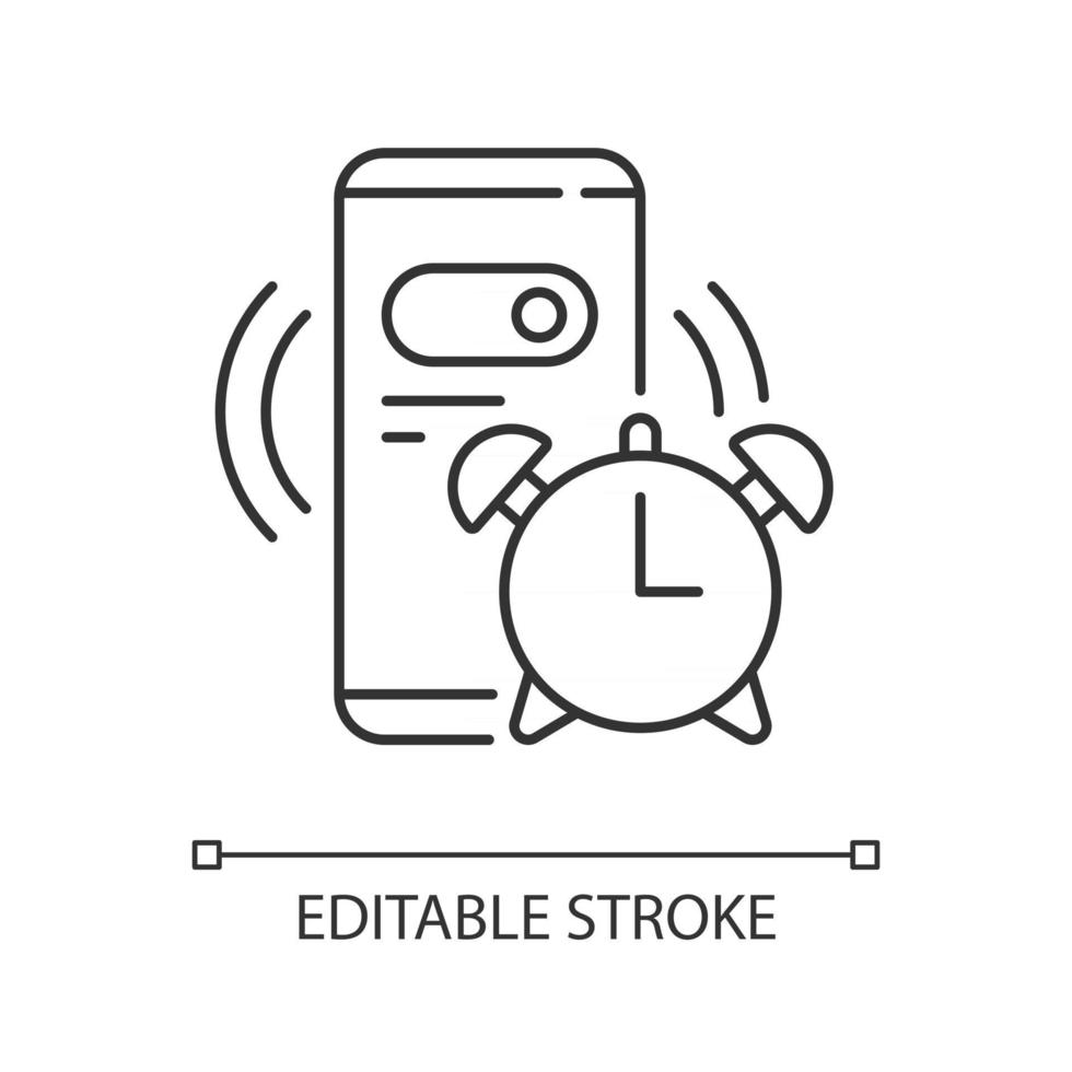 väckarklocka linjär ikon. mobiltelefon för nedräkning på morgonen. ställa in smartphone ring för morgonen. tunn linje anpassningsbar illustration. kontursymbol. vektor isolerade konturteckning. redigerbar stroke