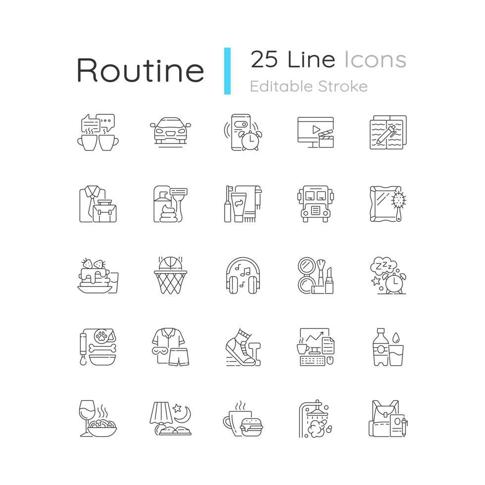 vardagliga rutin linjära ikoner set. väckarklocka. kaffepaus. tranposrt för transitering till jobbet, skolan. anpassningsbara tunna linjekontursymboler. isolerade vektor konturer illustrationer. redigerbar stroke