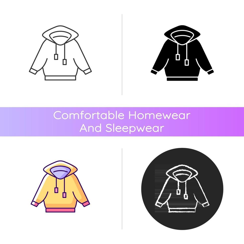 Home-Outfit mit Hoodie-Symbol. Unisex-Jacke mit Kapuze. sportliches Outfit. Unisex-Sportbekleidung. bequeme Haus- und Nachtwäsche. lineare Schwarz- und RGB-Farbstile. isolierte vektorillustrationen vektor