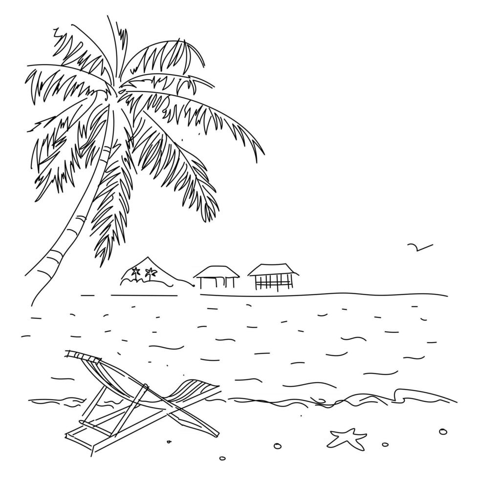 Bounty Island, Sommer, Meer, Strand, Palme. Strandurlaub. Vektorillustration, lineare Zeichnung vektor