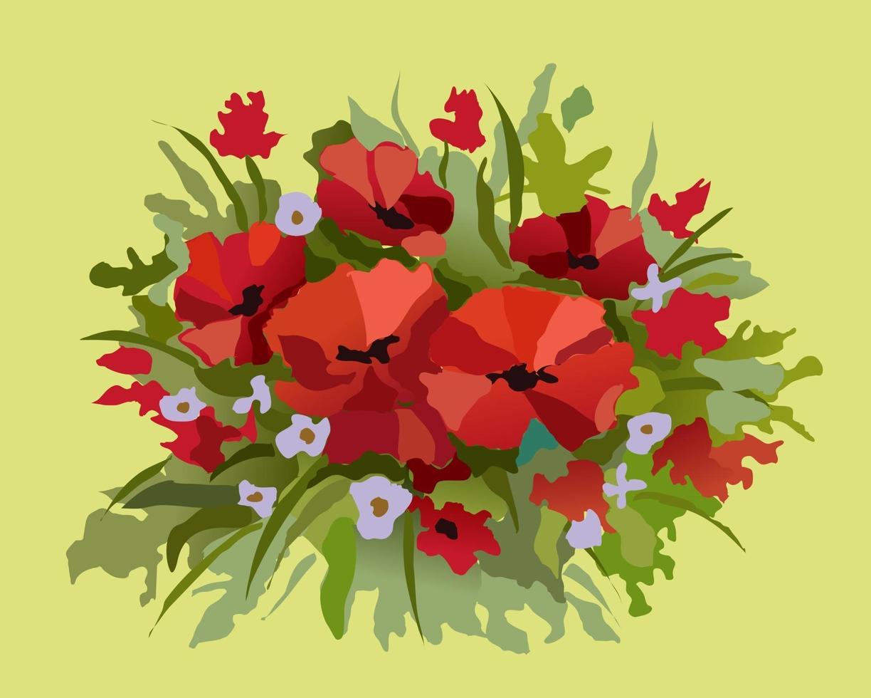 bukett med stora röda vallmo med blå blommor och blad på en grön bakgrund. isolerat. målning efter nummer. vektor illustration