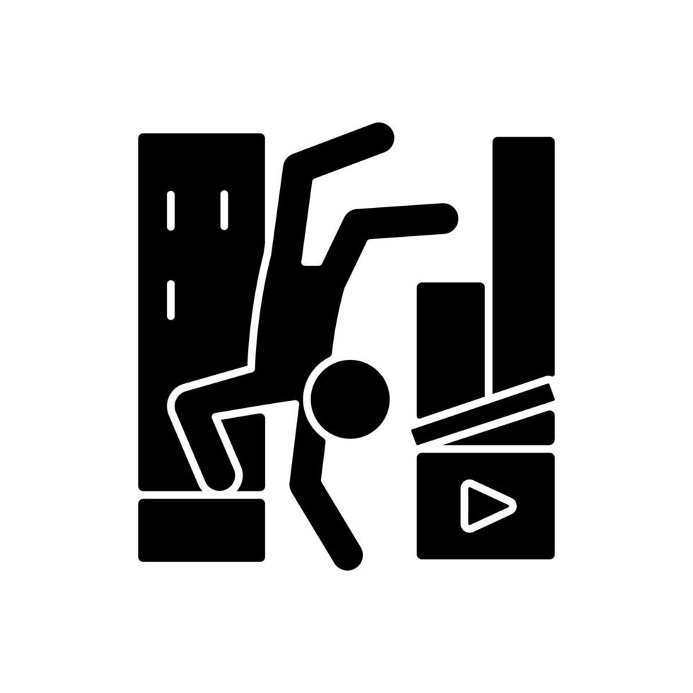 Parkour-Videos schwarzes Glyphensymbol. Aufnahme von Filmmaterial für Action-Filme. Filmemachen über extremen Freerunning-Sport. Videografie. Silhouette-Symbol auf Leerzeichen. isolierte Vektorgrafik vektor