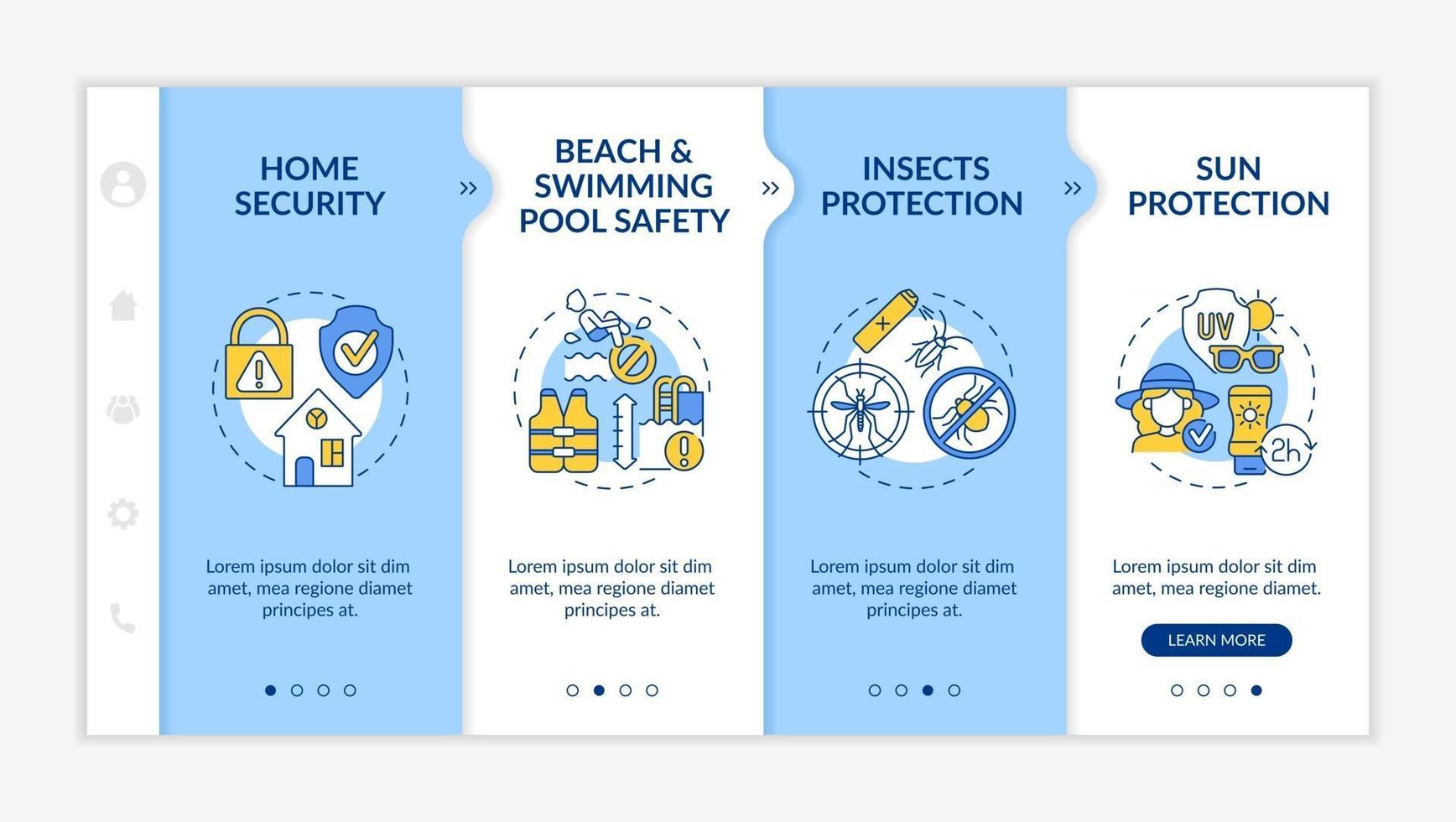 Sommerpause Sicherheit Onboarding Vektor Vorlage. Responsive mobile Website mit Symbolen. Webseiten-Walkthrough-Bildschirme in 4 Schritten. Strand, Schwimmbad Vorsorge Farbkonzept mit linearen Illustrationen