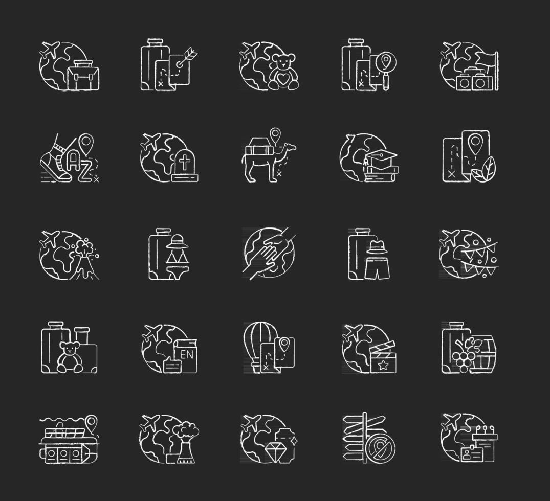 typer av krita vita ikoner på mörk bakgrund. ingen destinationsresa. affärs- och rekreationsresa. turistindustrikategorier. isolerade vektor tavlan illustrationer på svart