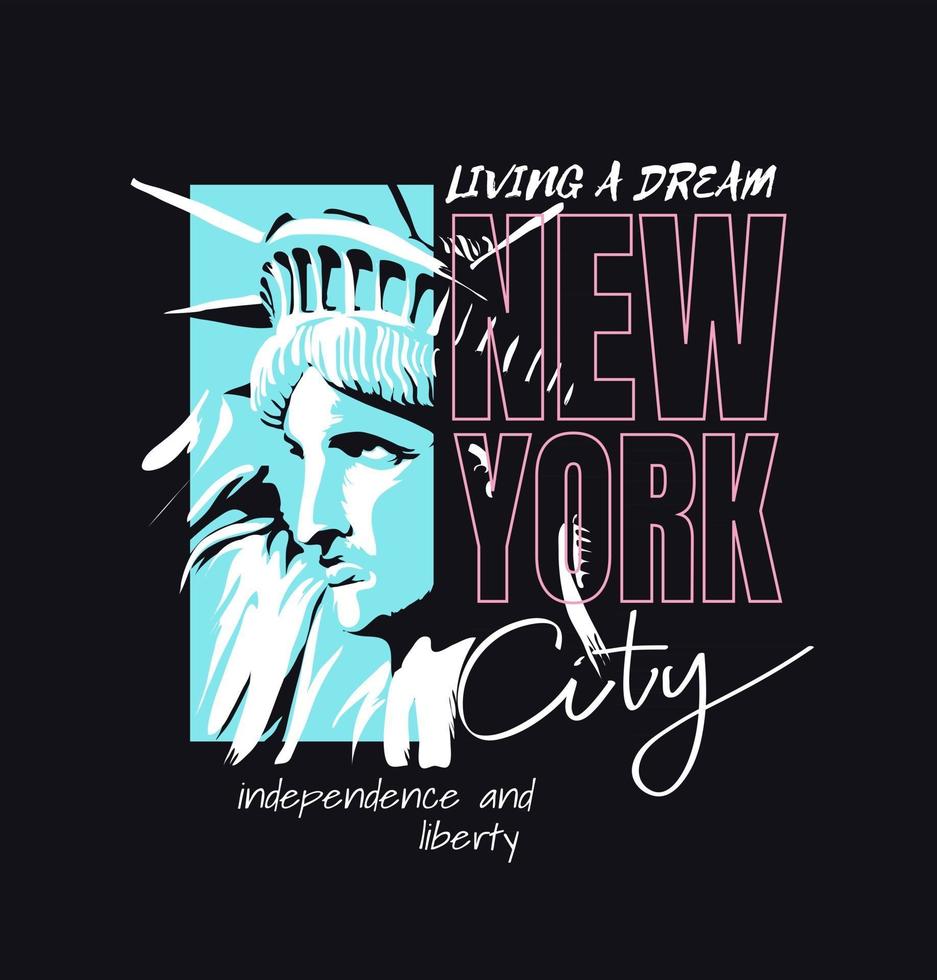 New York City-Slogan mit grafischer Illustration der Freiheitsstatue auf schwarzem Hintergrund vektor