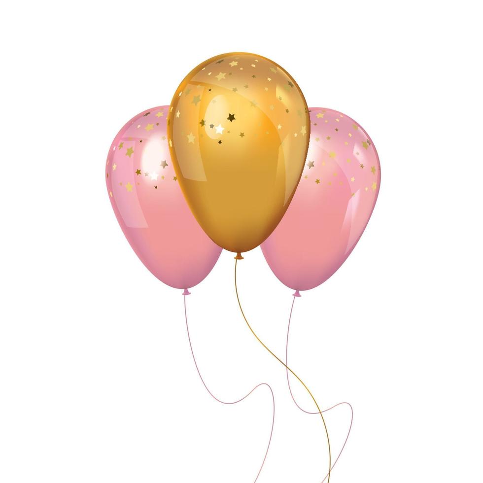 en massa realistiska rosa och guldballonger vektor