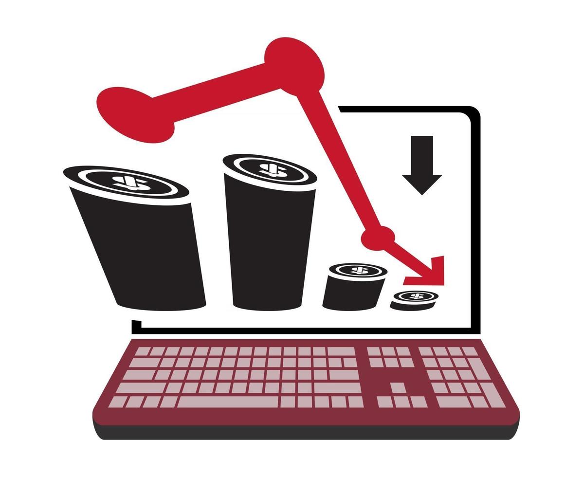 flaches Symbol eine Rezession oder ein Börsencrash mit rotem Pfeil und Diagramm einzeln auf dem Notebook vektor