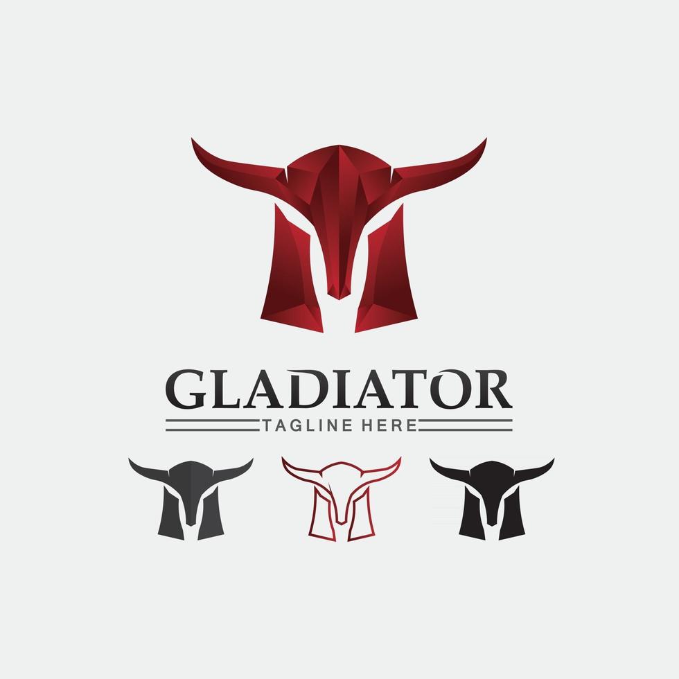 huvuduppsättning spartansk hjälmlogotyp och gladiator, kraft, vintage, svärd, säkerhet, legendarisk logotyp och vektor av soldatklassiker