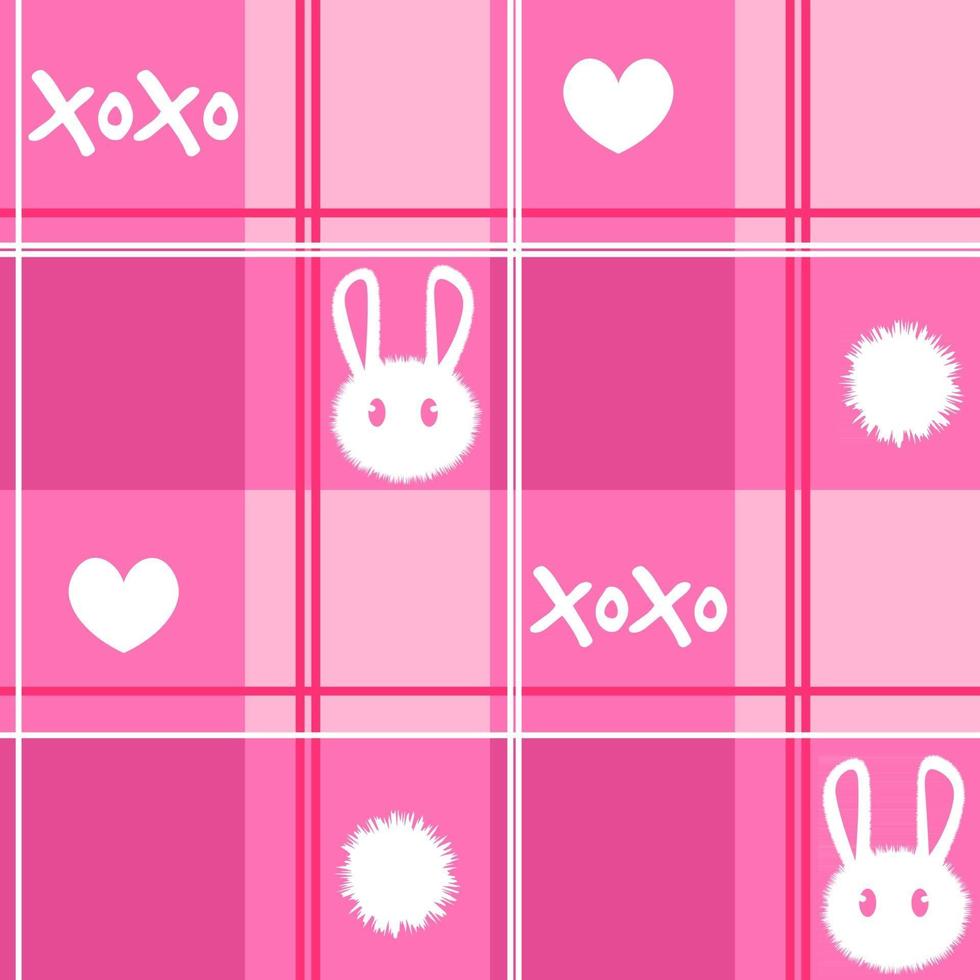 Kawaii Tartan-Modell mit Quadraten, Streifen und Farbverläufen. Rosa nahtloses Muster für Kinderpyjamas mit Kaninchen, Herzen und Text. sich wiederholender Hintergrund mit karierten Motiven. vektor