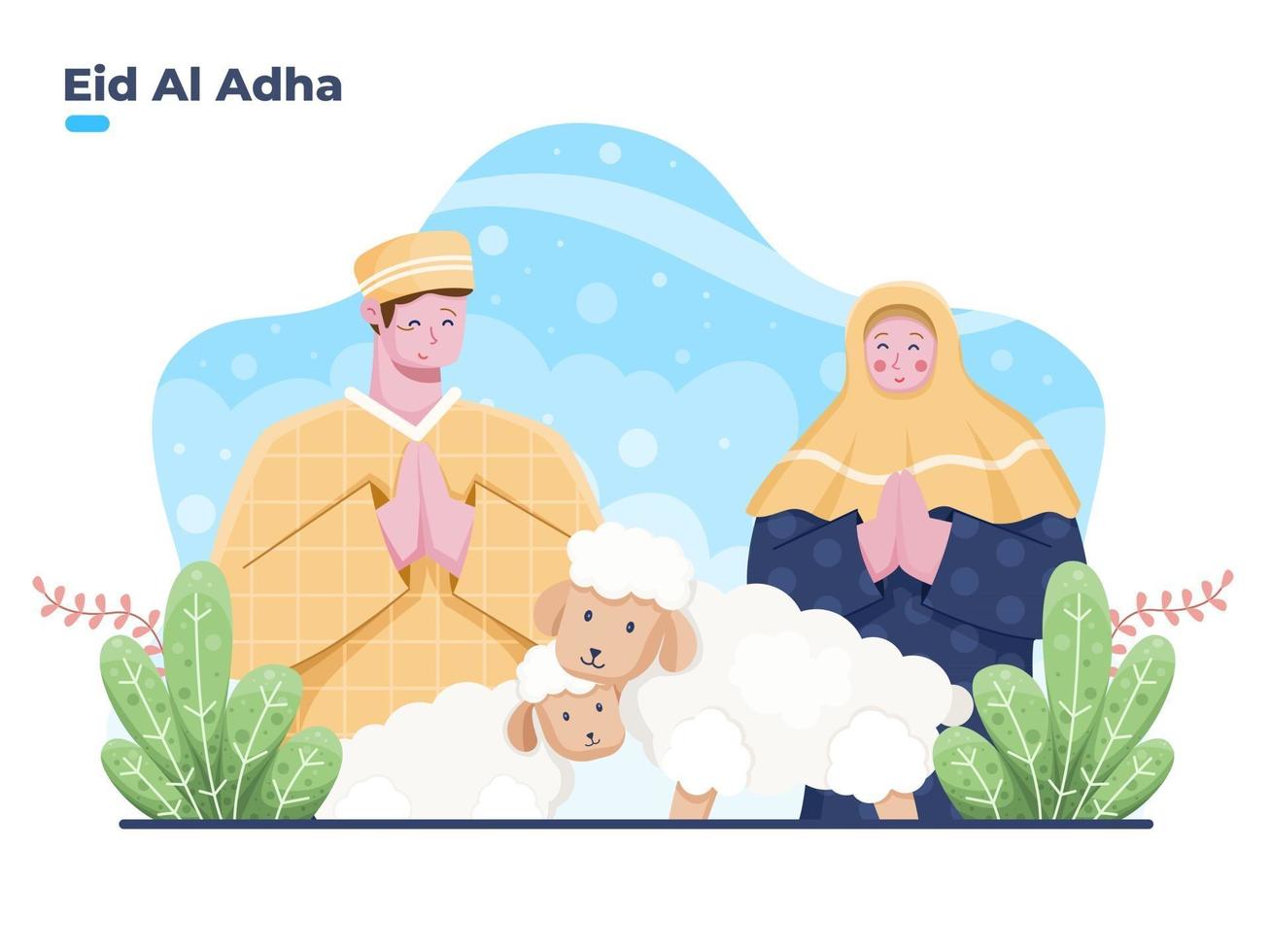 muslimische Person paar Gruß glücklich Eid al Adha Vektor flache Illustration eid al adha islamische opfertradition. kann für Grußkarten, Postkarten, Einladungen, Banner, Web verwendet werden.