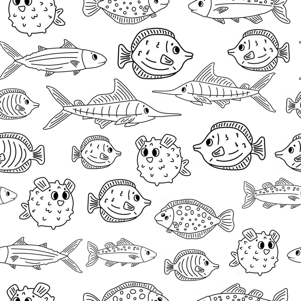 nahtloses Tiergekritzelmuster lokalisiert. Satz von Umrisskarikatur-Vektorfischen, Tang, Flunder, Thunfisch, Ozean-Burrfish, Sea Marlin. Schwarz-Weiß-Illustration zum Ausmalen von Kinderbüchern oder Drucken vektor