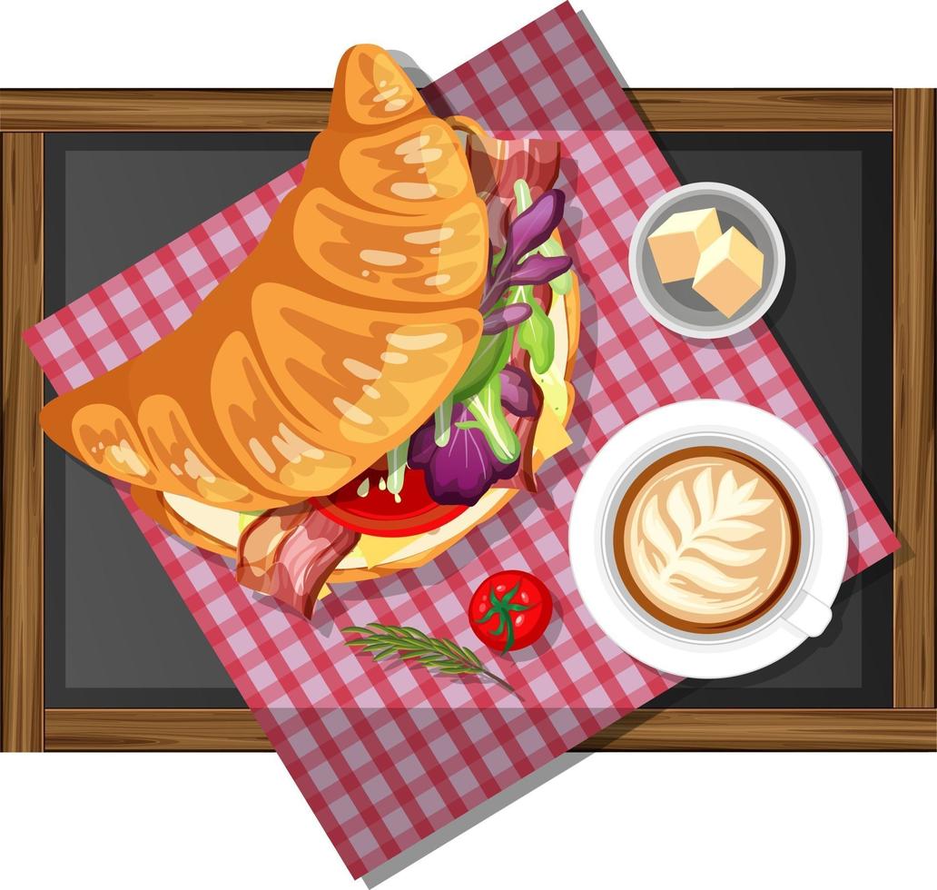 Frühstücks-Croissant-Sandwich mit einer Tasse Kaffee auf einem Holzteller isoliert vektor