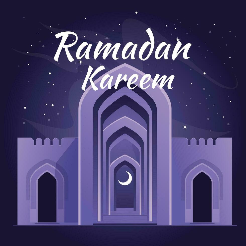 Mystiker sternenklar Nacht im Ramadan, Eingang zu das Moschee Tor. violett. ein Symbol von das islamisch Glaube. Gruß Karte. Vektor Illustration