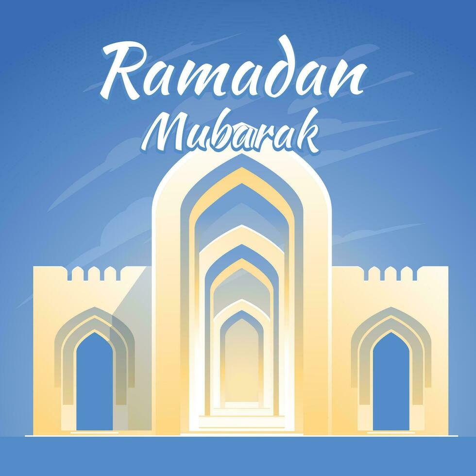 en ljus solig dag i ramadan, de ingång till de moské Port. blå himmel. en symbol av de islamic tro. hälsning kort. vektor illustration