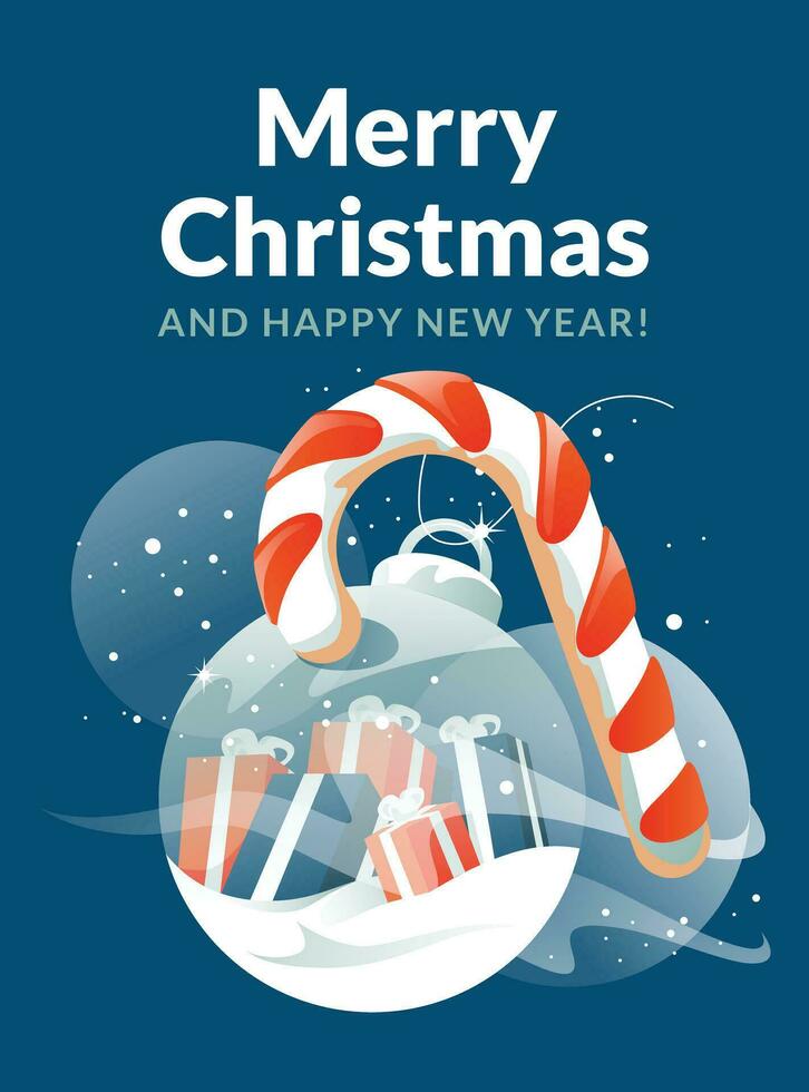 jul och ny år vertikal hälsning kort. dekorativ boll full av gåvor. stor godis sockerrör. platt tecknad serie vektor illustration