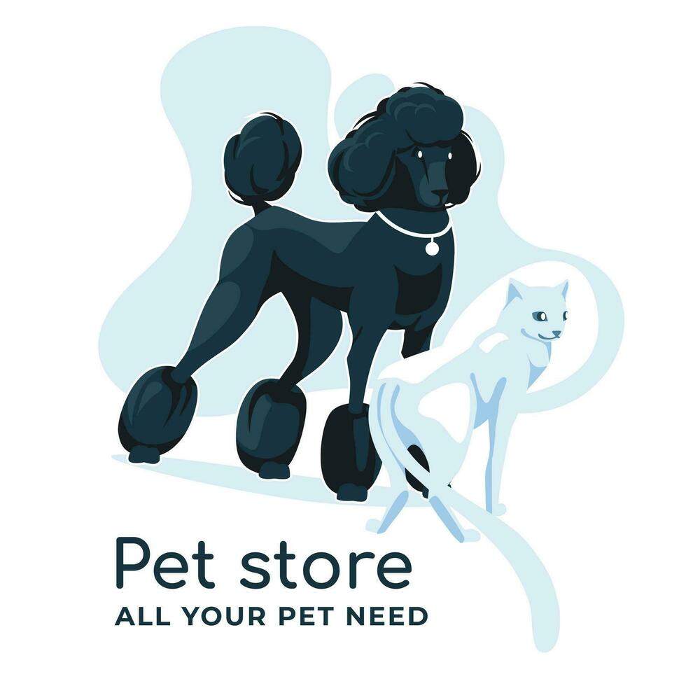 svart pudel och vit katt Sammanträde tillsammans isolerat på vit bakgrund. reklam för uppfödare, sällskapsdjur butiker, Zoo kliniker, groomers. vektor platt illustration