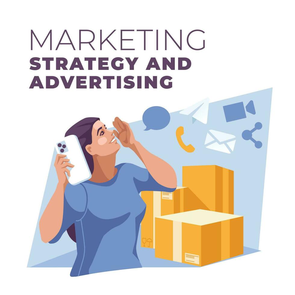 begrepp av uppkopplad Lagra marknadsföring strategi. en kvinna är håller på med ett reklam kampanj för henne egen Lagra på de internet. vektor platt illustration.