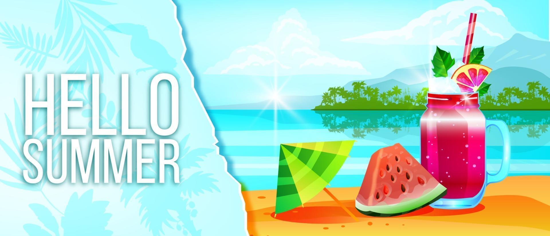 Sommerferienbanner, Saisonverkaufshintergrund, kaltes Getränk, Wassermelone, tropischer Inselstrand vektor