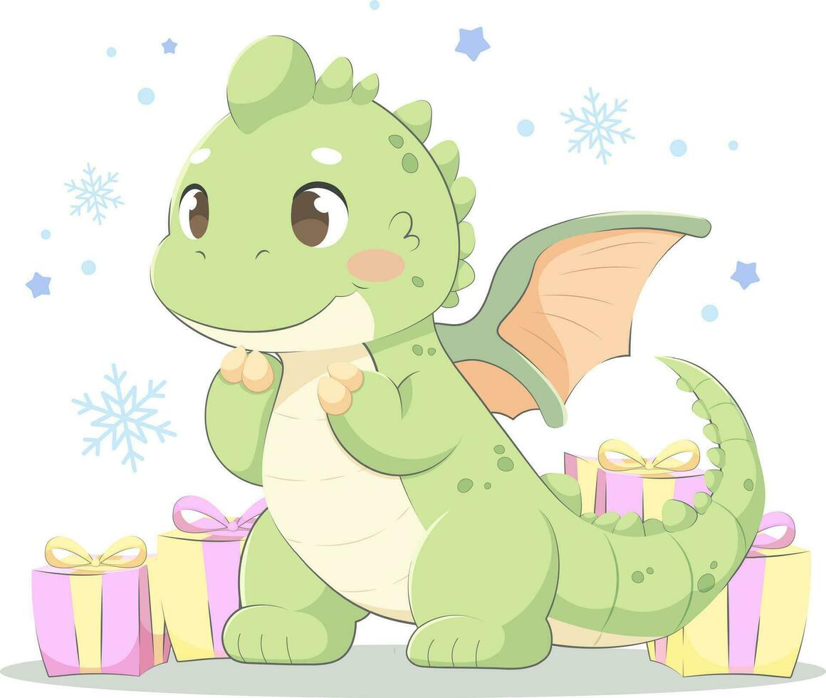 süß Baby Drachen Grün mit Geschenke, fallen Schnee und Schneeflocken zum Weihnachten. Vektor Illustration zum Kinder, eben Karikatur Stil mit Gliederung
