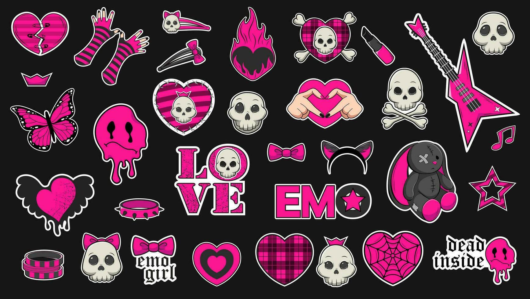 uppsättning av trendig emo klistermärken i svart och syra rosa färger. emo attribut, skallar, ledsen uttryckssymboler, hjärtan med mönster, spel trösta med spel över, Kläder föremål-01 vektor