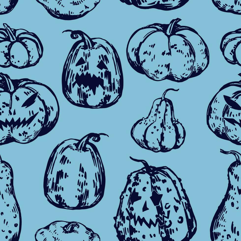 pumpor sömlös mönster. prydnad av halloween tema, lykta jack. vektor illustration i retro stil. abstrakt design för läskigt dekor, tapet, bakgrund.