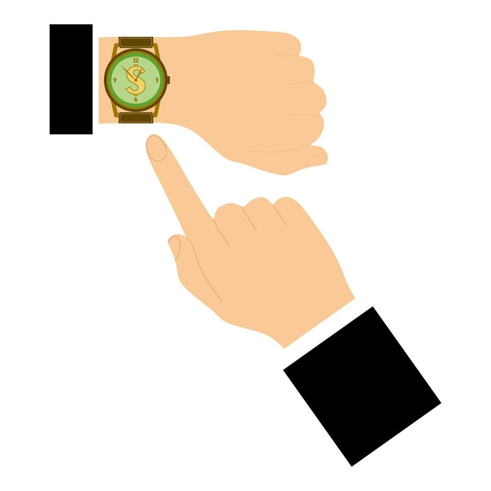 webbaffärsman hand punkt på armband. tid är pengar. vektor tid och finansiell förvaltning illustration. platt stil företag bild. mannens händer och klocka. timing, planera, entreprenör, möte.