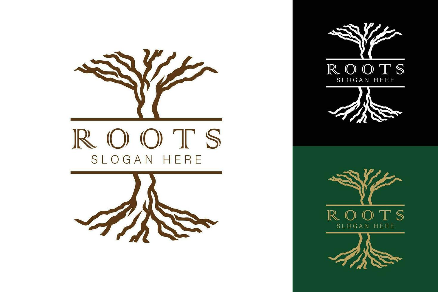 träd rötter logotyp. träd t-shirt skriva ut design. vektor illustrationer