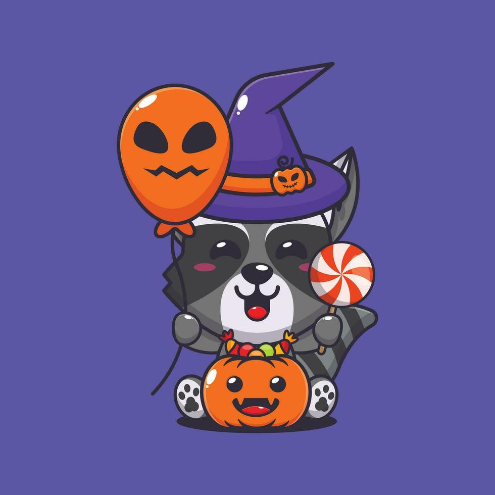 Hexe Waschbär halten Halloween Ballon und Süßigkeiten. süß Halloween Karikatur Illustration. vektor