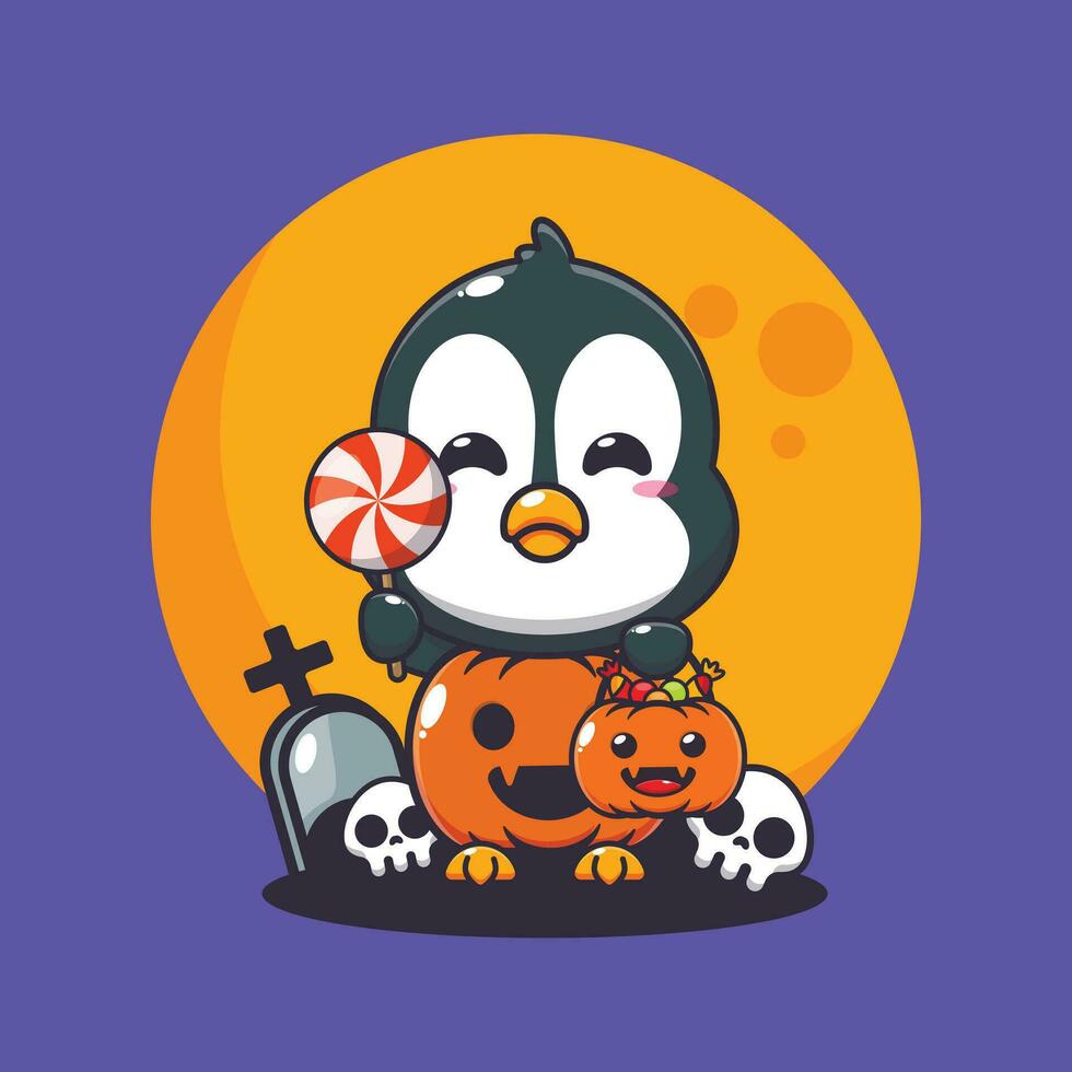 Pinguin mit Halloween Kürbis Kostüm. süß Halloween Karikatur Illustration. vektor