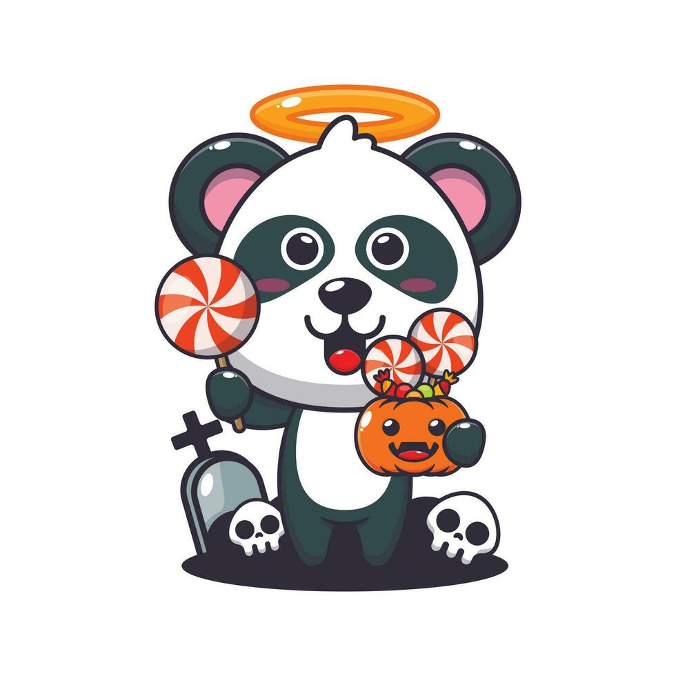 süß Engel Panda halten Süßigkeiten im Halloween Tag. süß Halloween Karikatur Illustration. vektor