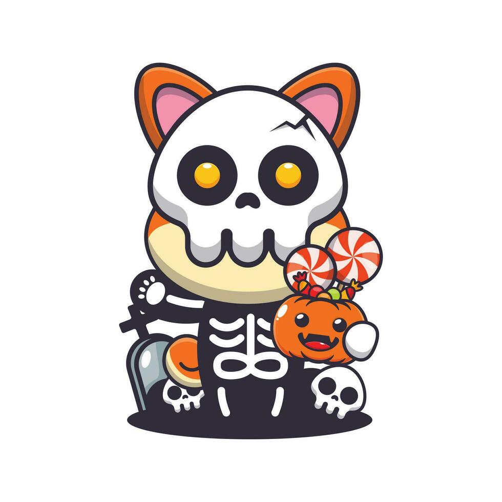 Shiba inu mit Skelett Kostüm halten Halloween Kürbis. süß Halloween Karikatur Illustration. vektor