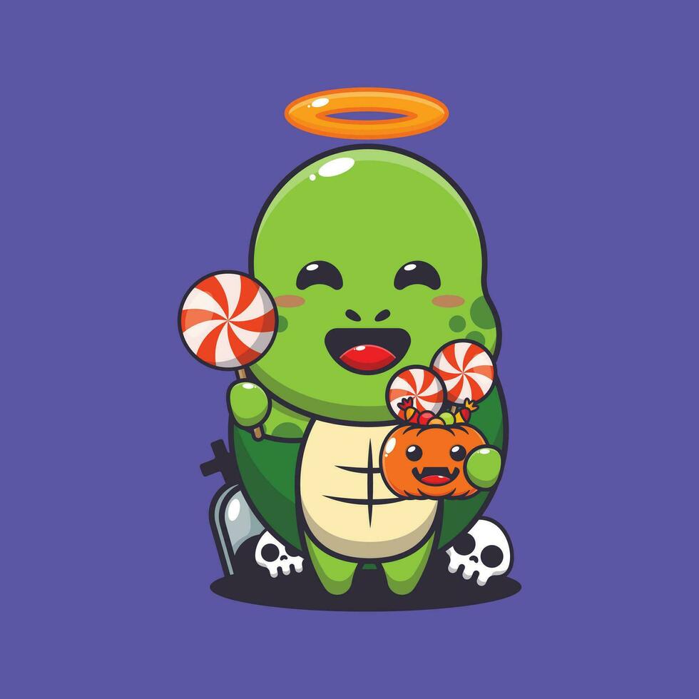 süß Engel Schildkröte halten Süßigkeiten im Halloween Tag. süß Halloween Karikatur Illustration. vektor