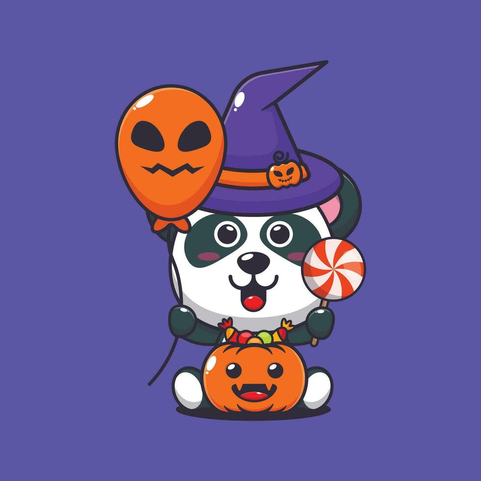 häxa panda innehav halloween ballong och godis. söt halloween tecknad serie illustration. vektor